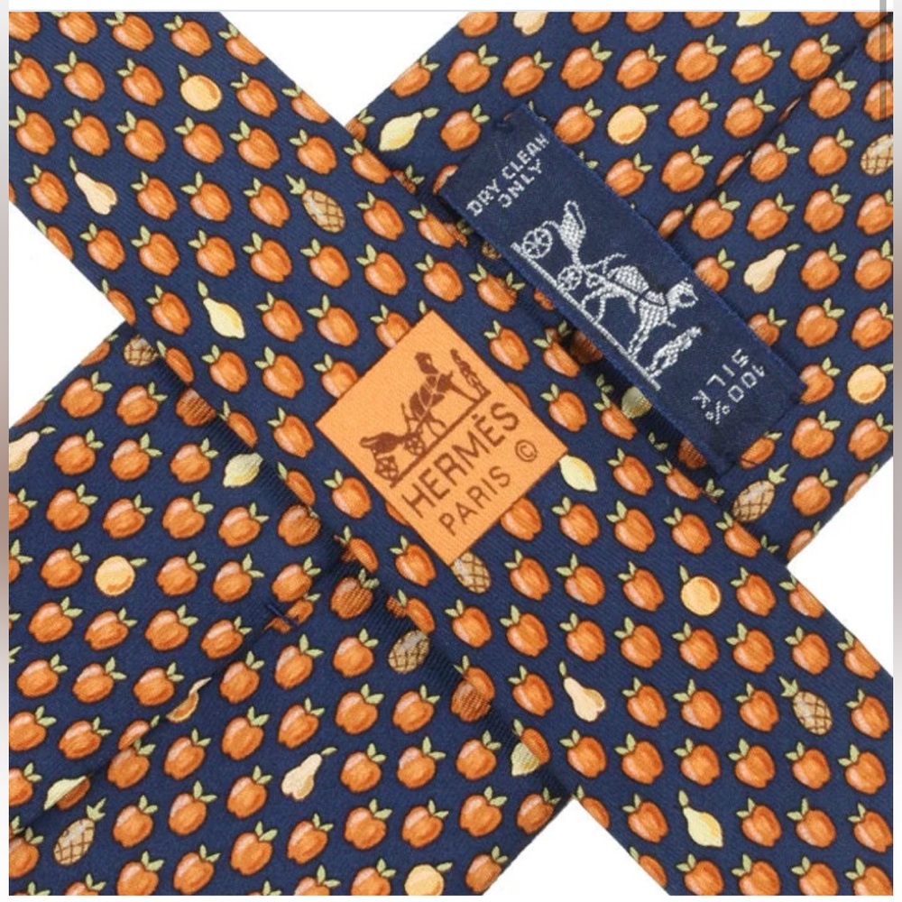Herms Men’s Silk Tie Apples And Pears Pattern 7914 Made In France View 5